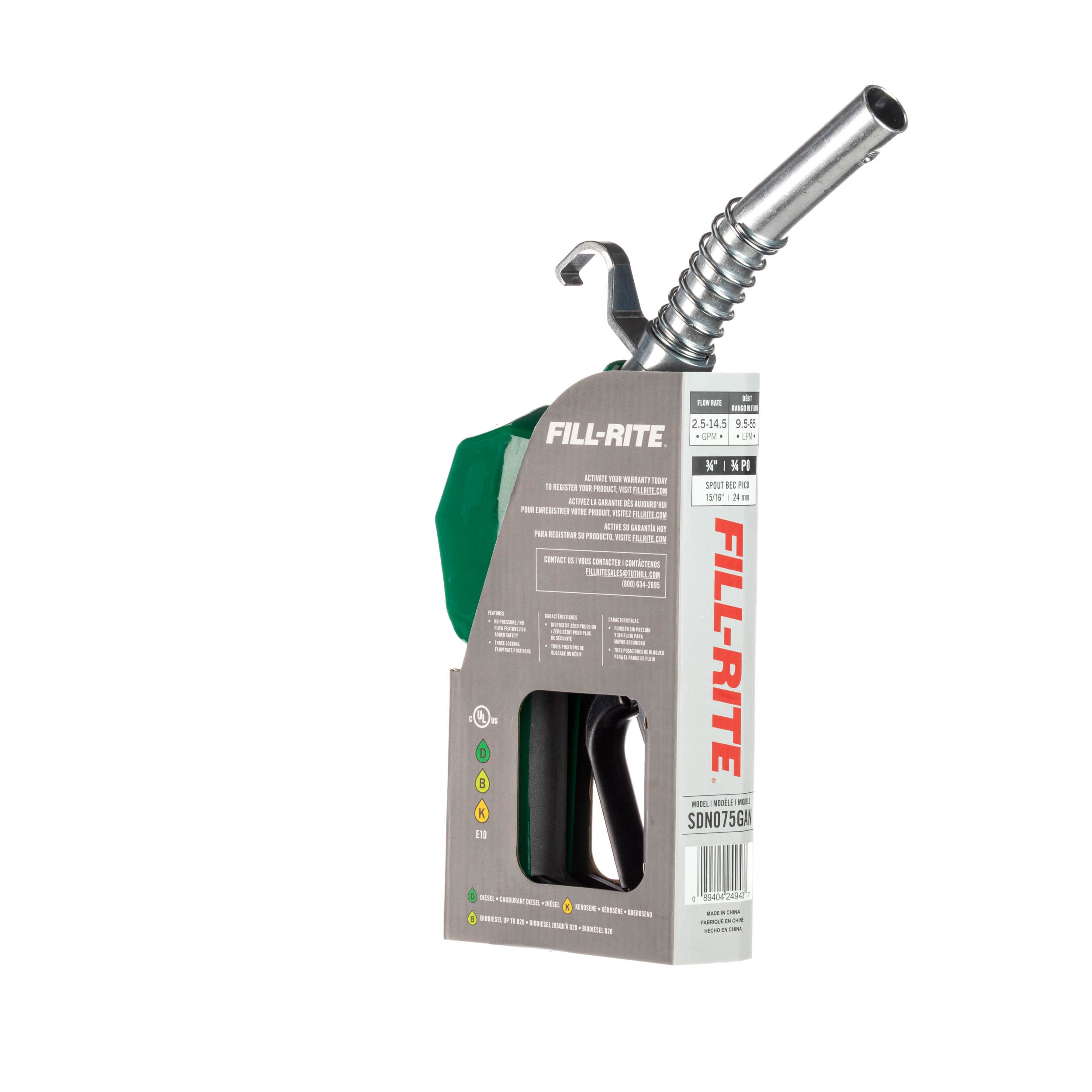 Fill-Rite ¾" SDN075GAN Automatic Standard Duty Fuel Transfer Nozzle, Green - 3 to 15 GPM for Gasoline, Diesel, Biodiesel up to B20, E15 & Kerosene