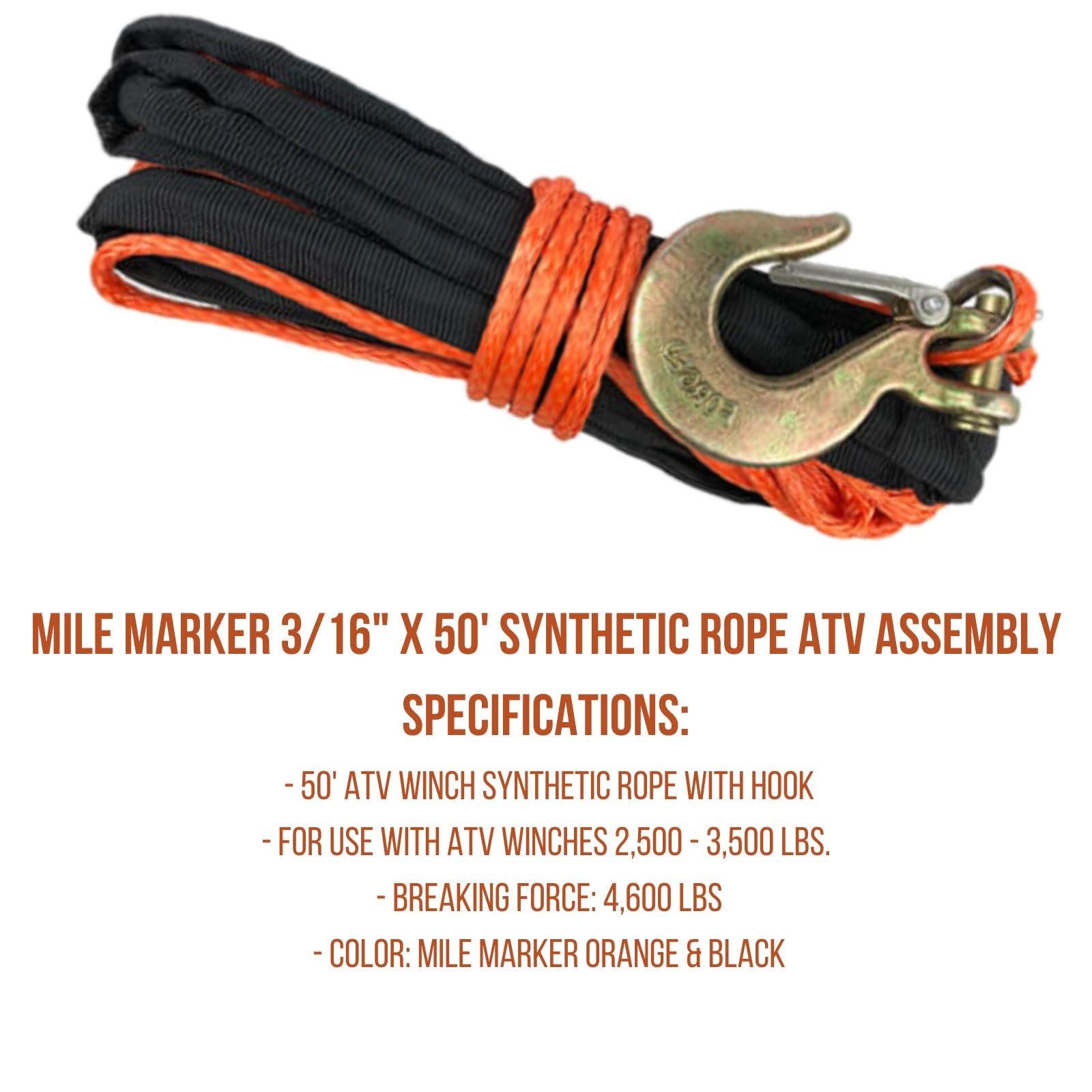 Mile Marker 19-52316-50 Synthetic Rope ATV Assembly with Hook Single Orange & Black 3/16" x 50' for ATV Winches 2,500 – 3,500 lbs. - Breaking Force of 4,600 lbs.