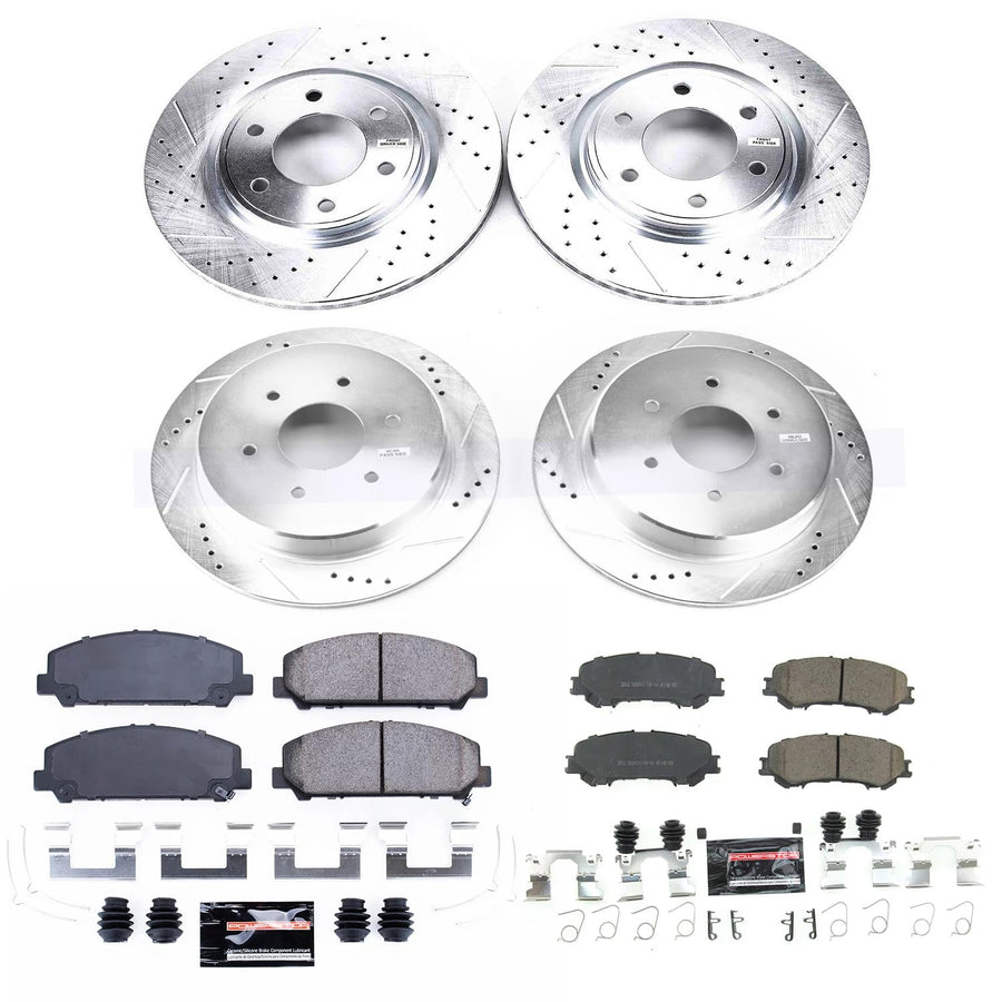 Power Stop K7866 Z23 Carbon Fiber Brake Pads Front and Rear with Drilled and Slotted Brake Rotors Kit For 2017 2018 2019 2020 2021 2022 Nissan Titan 6 Lug