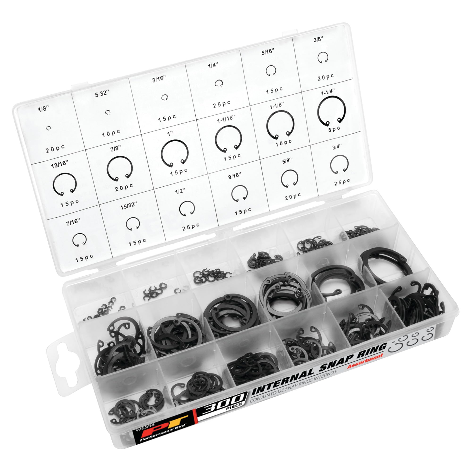 W5254 Performance Tool 18-Piece Internal Retaining Ring Assortment Kit - Essential Set for Automotive and Industrial Applications