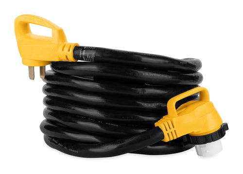 Power Grip Camco 25-Ft 50 Amp RV Extension Cord w/90° Locking End - Rated for 125/250V & 12,500W - Features Threaded Locking Ring for Weatherproof Connection & Coated w/Heat-Resilient PVC (55574)