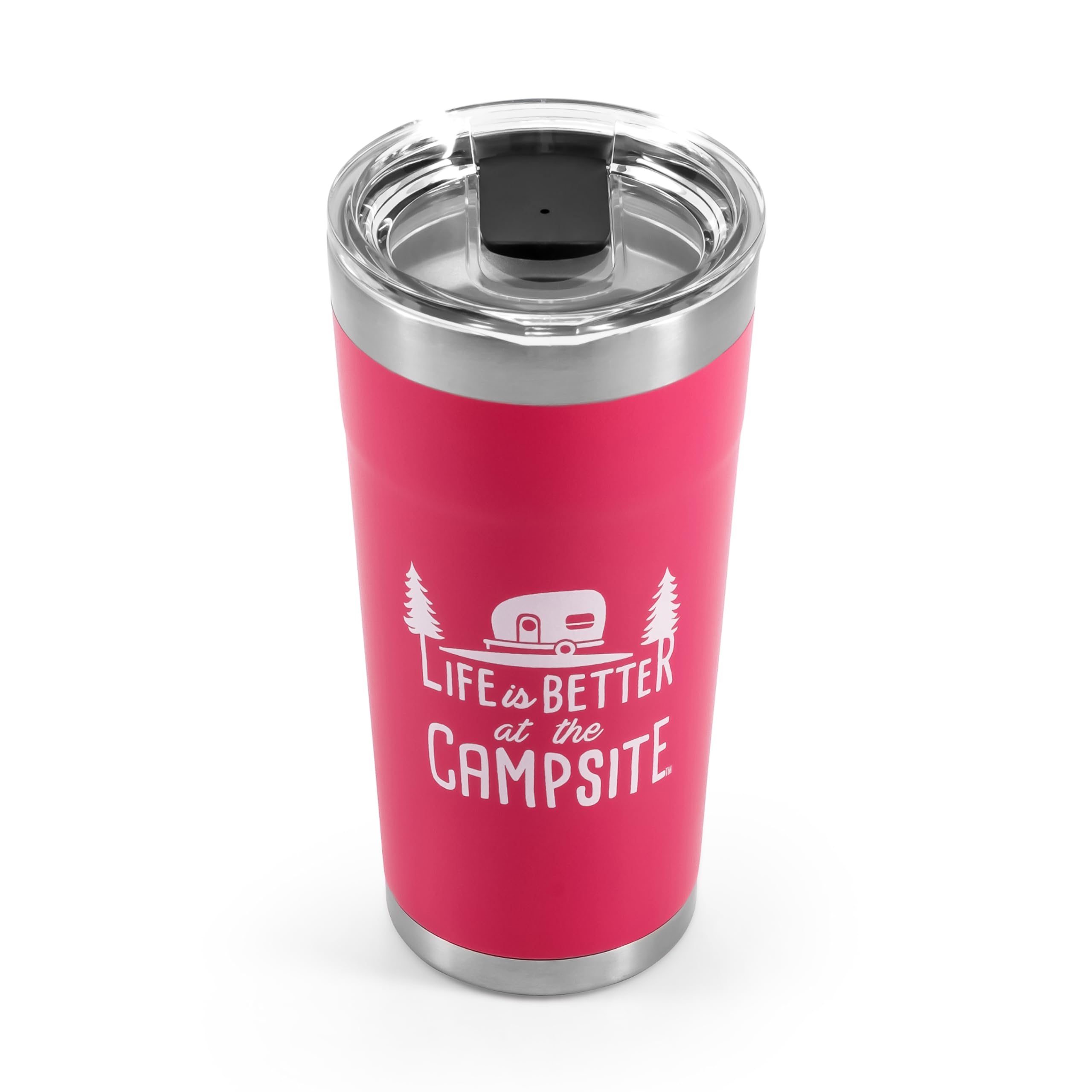 Camco Tumbler Life is Better at The Campsite | Heavy Duty Double Wall Vacuum Insulation | Crafted of 18/8 Stainless Steel | Unique “Life is Better at The Campsite” Design on Coral Pink | 20-oz (53061)