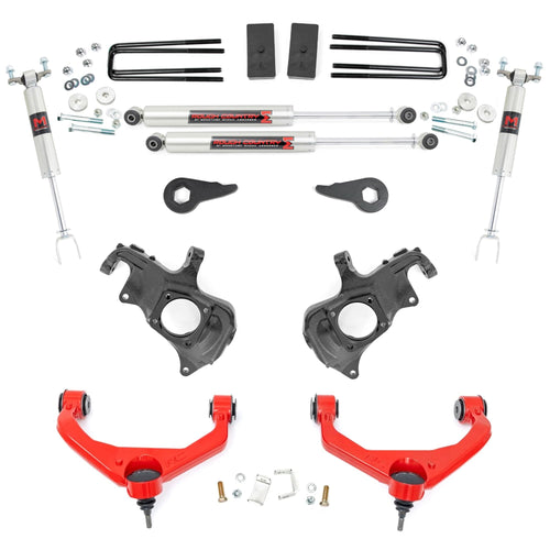 3.5" Lift Kit Rough Country w/M1 Shocks for Chevy Silverado & GMC Sierra 2500HD/3500HD (2011-2019 w/Factory Rear Overload Springs) - Red Control Arms