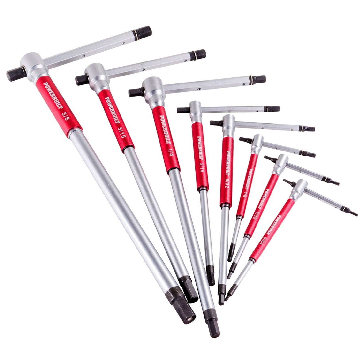 Powerbuilt 8 Pc T-Handle SAE Hex Allen Key Wrench Set w/ Speed Sleeves for Fast Spinning Action, Sliding Top Handle for “T” or “L” Shape, Long Shafts, Storage Rack, Auto, Bicycle, Moto - 941644 , Red