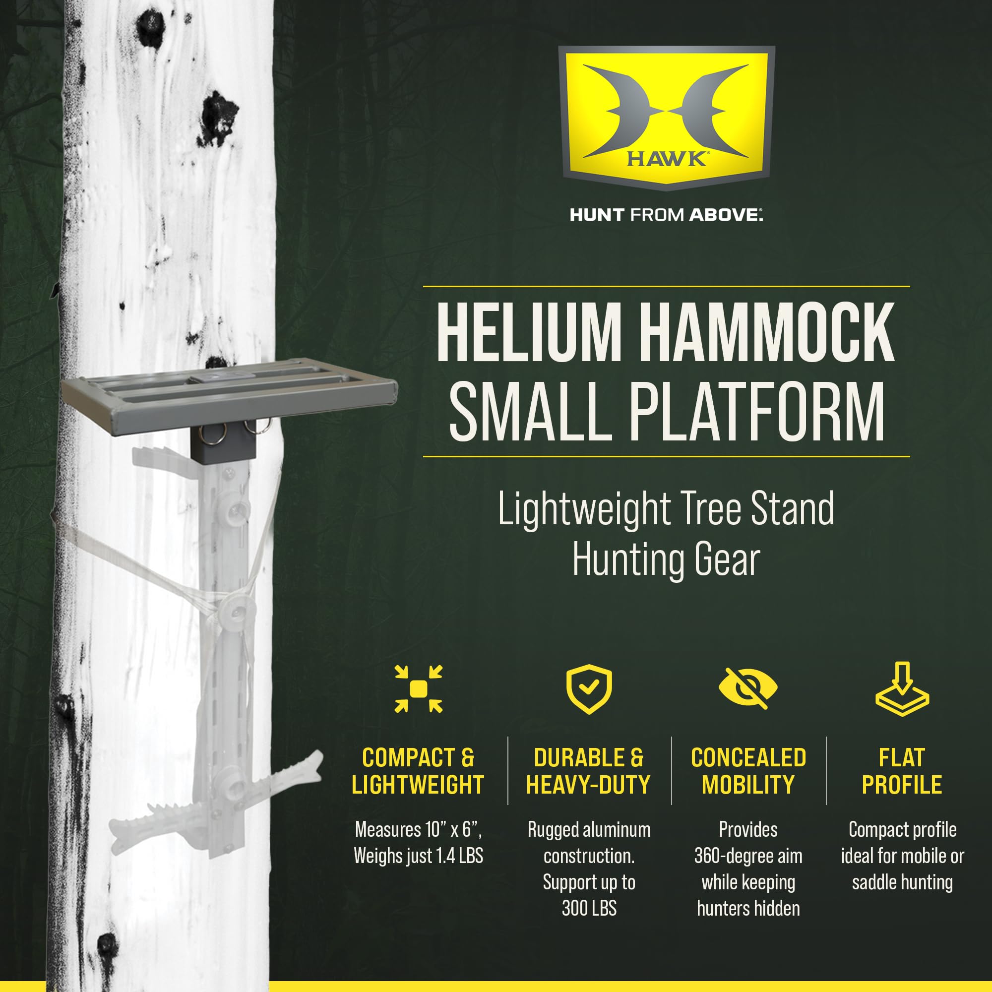 Hawk Lightweight Tree Stand, Small Platform Hunting Gear Mounts to Helium Sticks, Foot Rest for Mobile Hunters, Quiet Step, 10 x 6 Inch