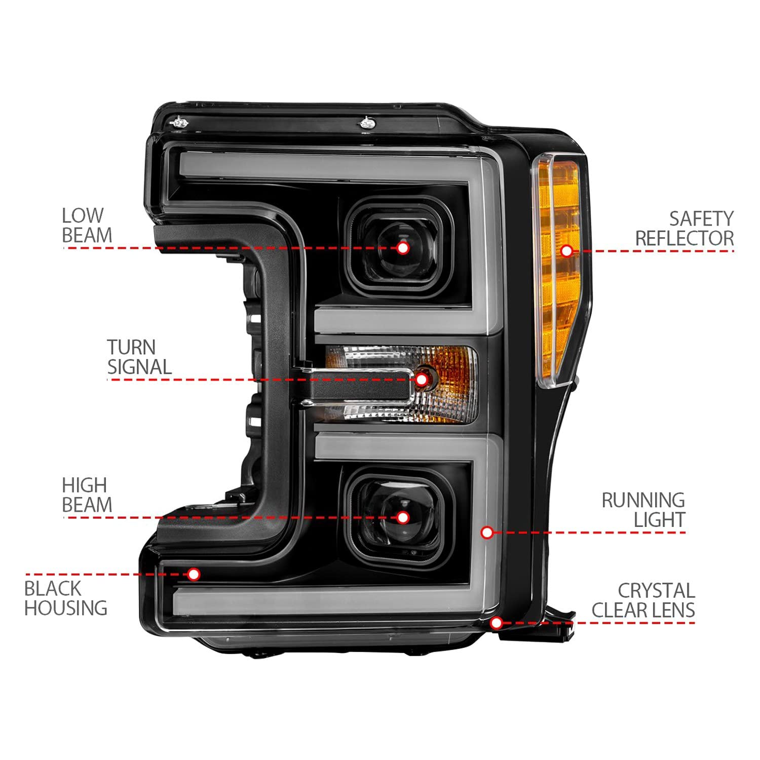 17-19 Ford F-250/350/450 SD ANZO (w/o Factory LED) LED Proj Headlights w/Light Bar Switchback Blk (111577)