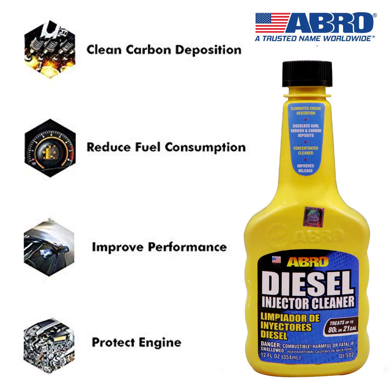 Diesel Injector Cleaner ABRO, 12 oz., Concentrated Fuel System Cleaner, Fuel Injector Cleaner, Diesel Fuel Additive, Improves Mileage, Eliminates Engine Hesitation, Treats Up to 21 Gallons