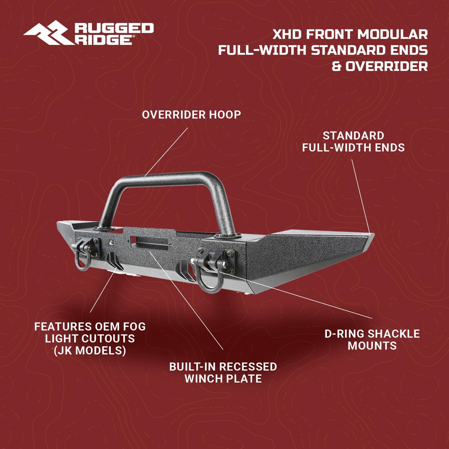 XHD Rugged Ridge Bumper, Front | Modular Full Width w/ Overrider, Steel, Textured Black | 11540.57 | Fits 1976-1986 Jeep CJ; 1987-2006 Jeep Wrangler YJ/TJ