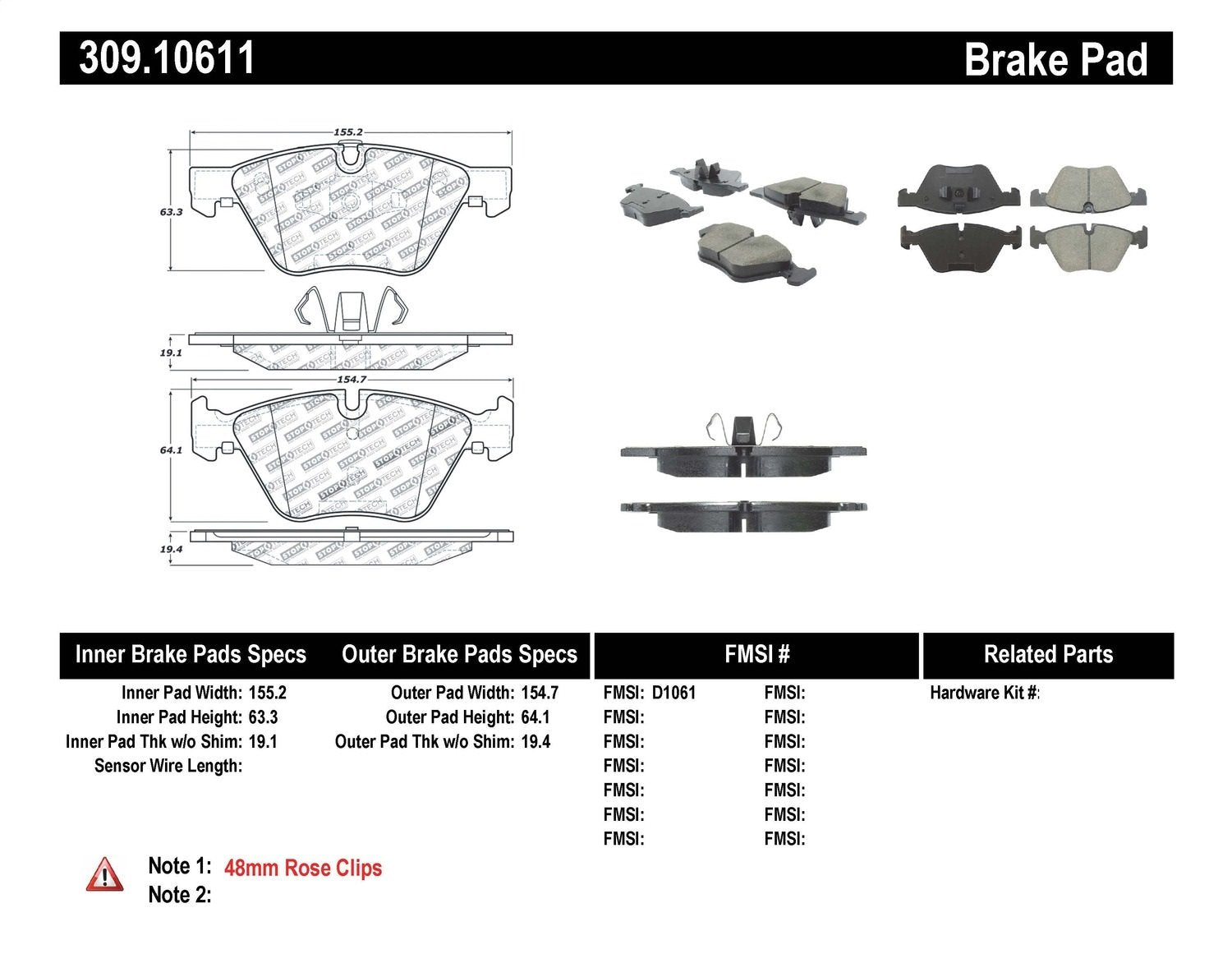 Sport Brake Pads StopTech 309.10611 with Shims and Hardware