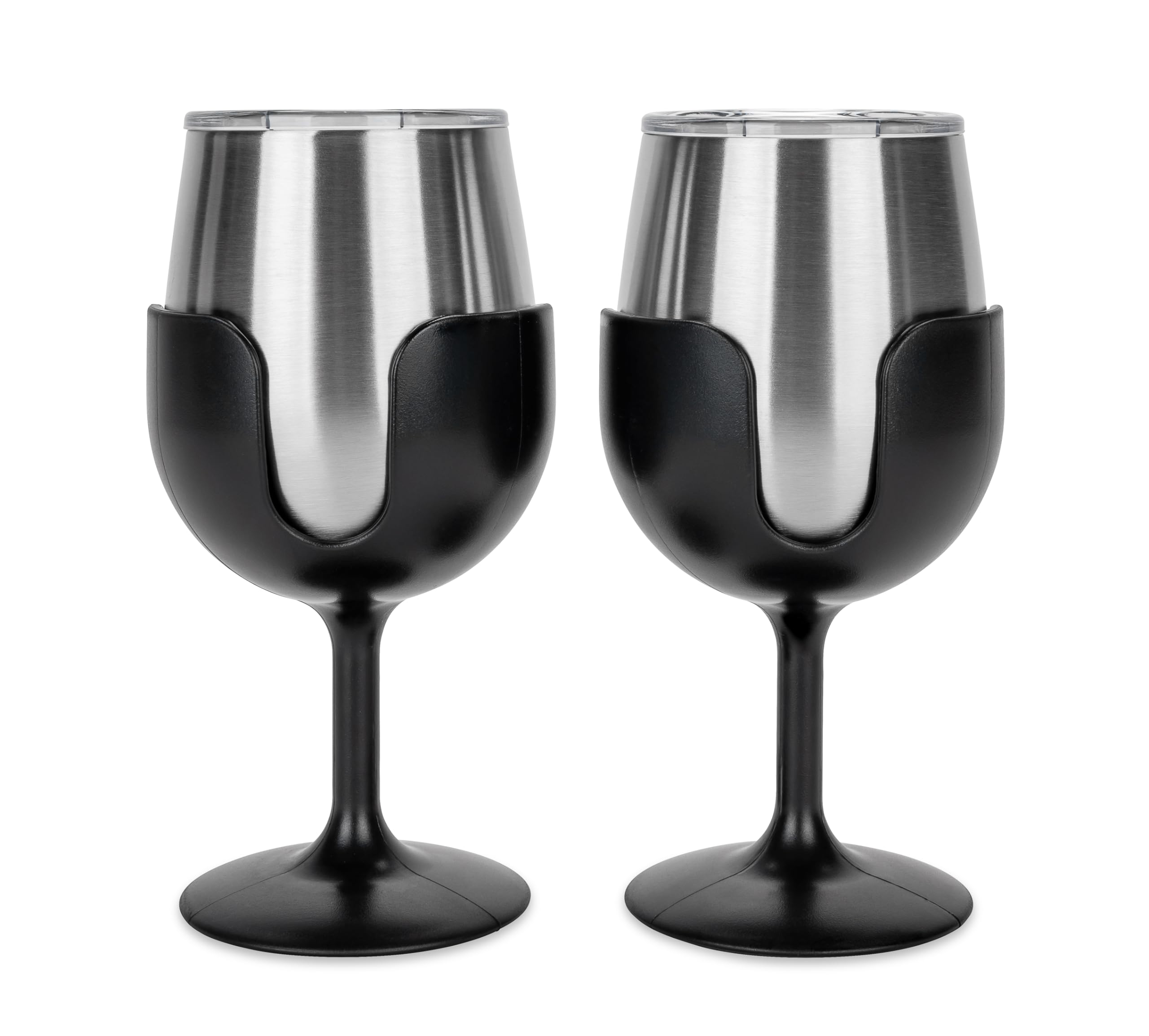 Camco Wine Tumbler Life is Better at The Campsite | Heavy Duty Double Wall Vacuum Insulation | Crafted of 18/8 Stainless Steel | Features Removable Black Stems | 2-Pk, 8-oz/Each (53485)