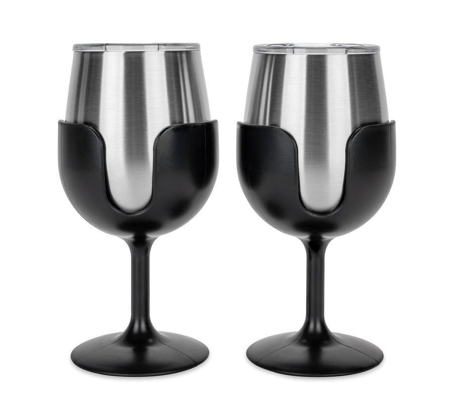 Camco Wine Tumbler Life is Better at The Campsite | Heavy Duty Double Wall Vacuum Insulation | Crafted of 18/8 Stainless Steel | Features Removable Black Stems | 2-Pk, 8-oz/Each (53485)