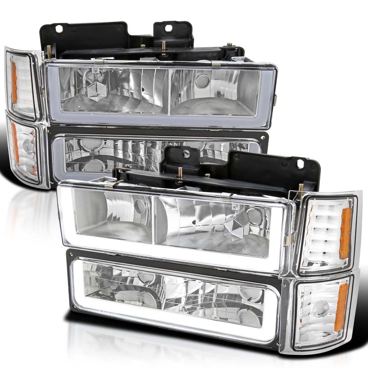 Chrome Headlights + Bumper Lights + Corner Lights w/LED Tube SPEC-D TUNING Compatible with 1994-1998 Chevy C10 C/K 1500/2500/3500, Left + Right Pair Headlamps Assembly