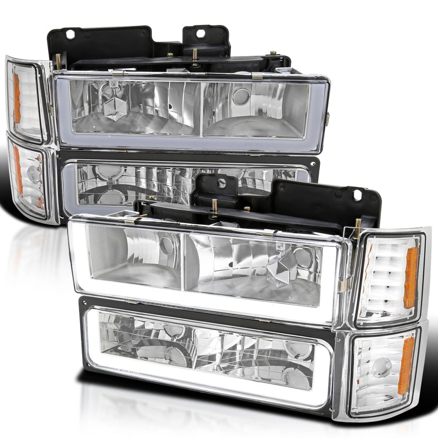 Chrome Headlights + Bumper Lights + Corner Lights w/LED Tube SPEC-D TUNING Compatible with 1994-1998 Chevy C10 C/K 1500/2500/3500, Left + Right Pair Headlamps Assembly