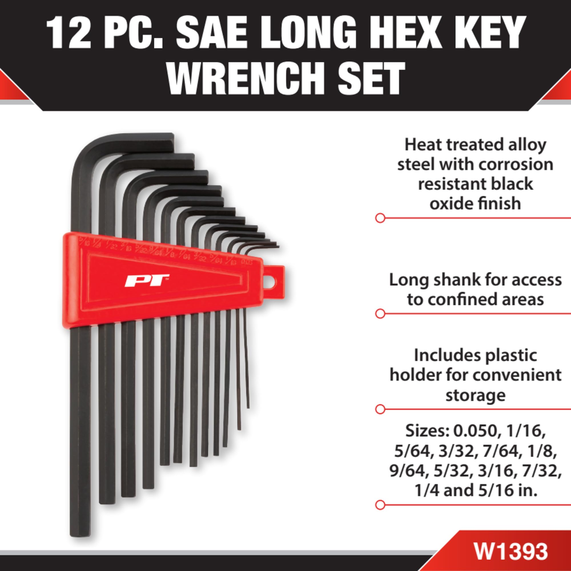 12pc SAE Long Hex Key Set Performance Tool W1393, Black - Professional Grade Allen Wrenches with Extra Reach for Tough Jobs