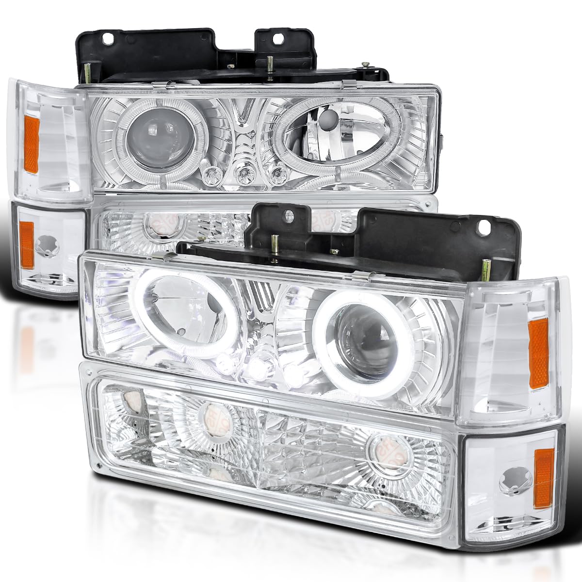 Halo Projector Headlights + Bumper Lights + Corner SPEC-D TUNING Compatible with 1994-1998 GMC C/K C10, Sierra, Yukon, Suburban Left + Right Pair Headlamps Assembly
