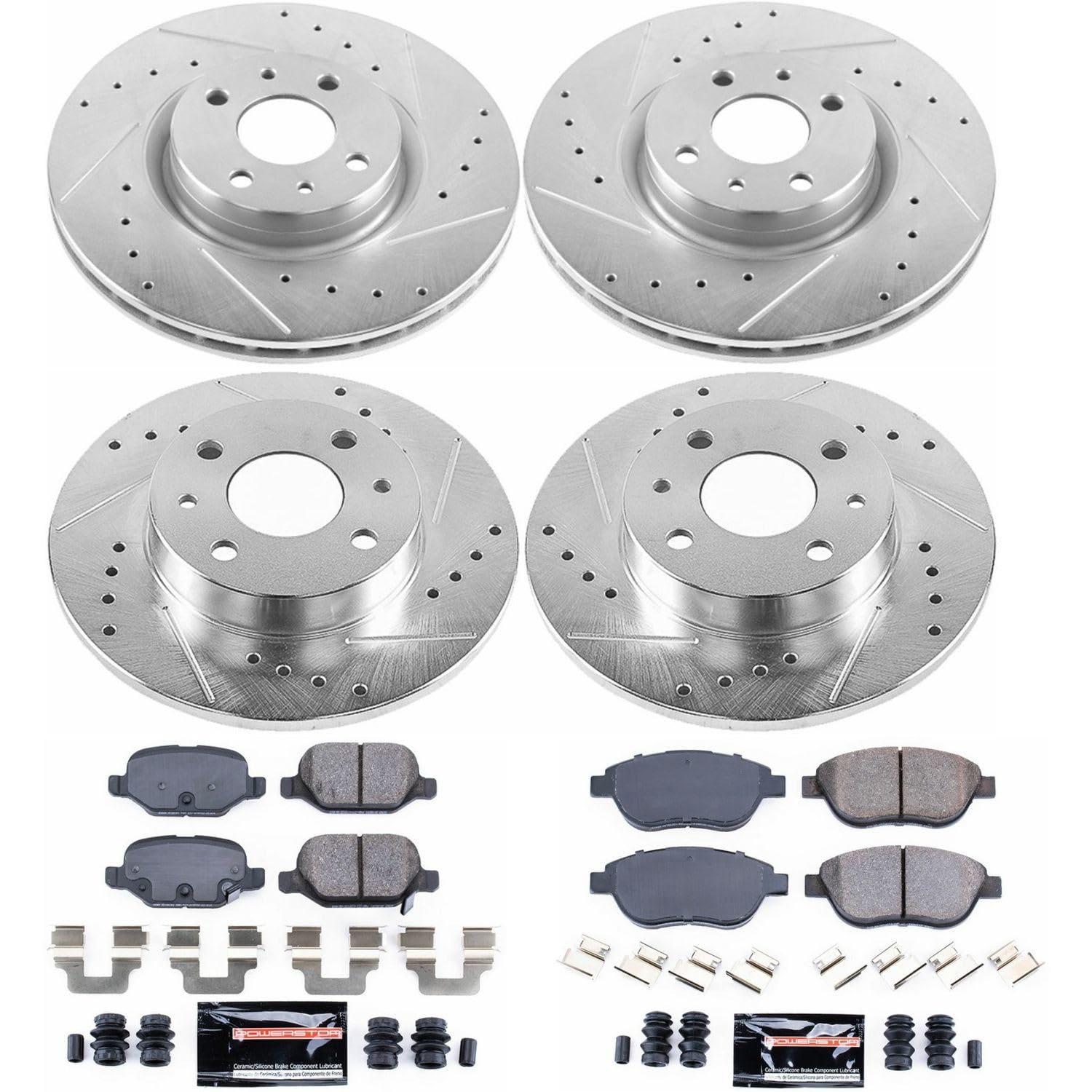 Power Stop K6427 Z23 Carbon Fiber Brake Pads Front and Rear with Drilled & Slotted Brake Rotors Kit For Fiat 500 2012-2019 [Model Specific]