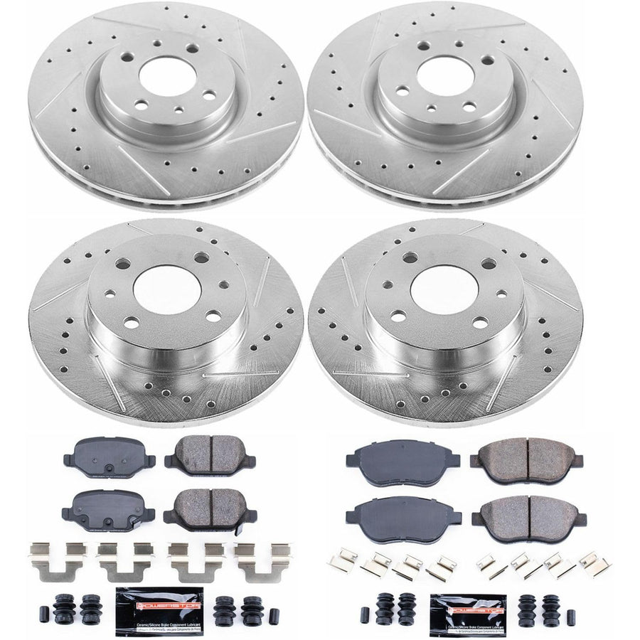 Power Stop K6427 Z23 Carbon Fiber Brake Pads Front and Rear with Drilled & Slotted Brake Rotors Kit For Fiat 500 2012-2019 [Model Specific]