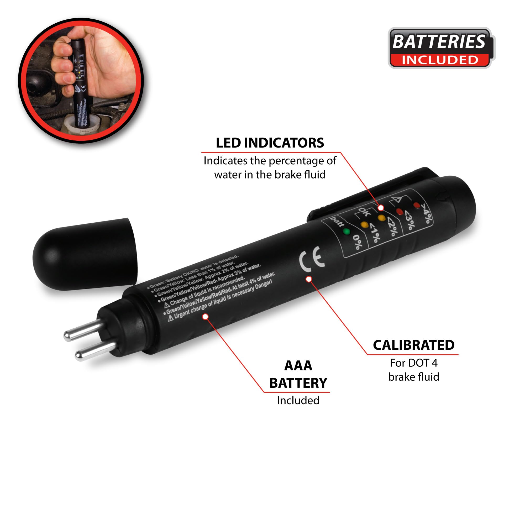 Brake Fluid Moisture Tester Performance Tool W181 - 5 LED Readout, Calibrated for DOT 4, Portable with AAA Battery Included, Not for use on DOT 5