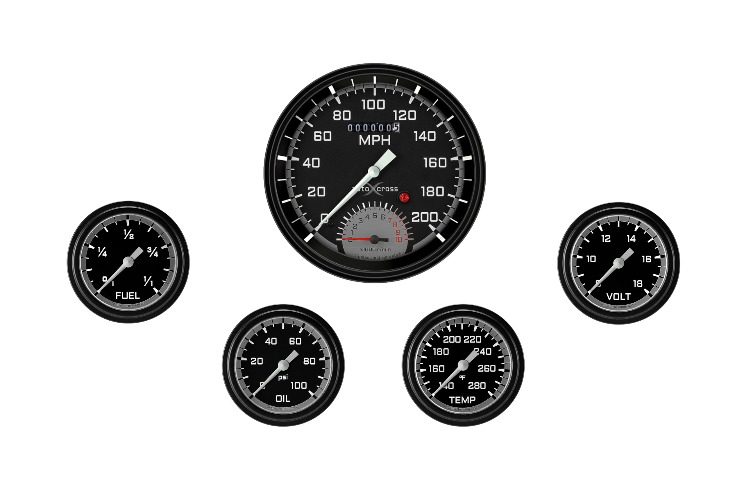 AX365GBLF Classic Instruments Autocross Gray Speedometer & 2 5/8" Full Sweep Fuel Oil Temp Volt Gauges - GM