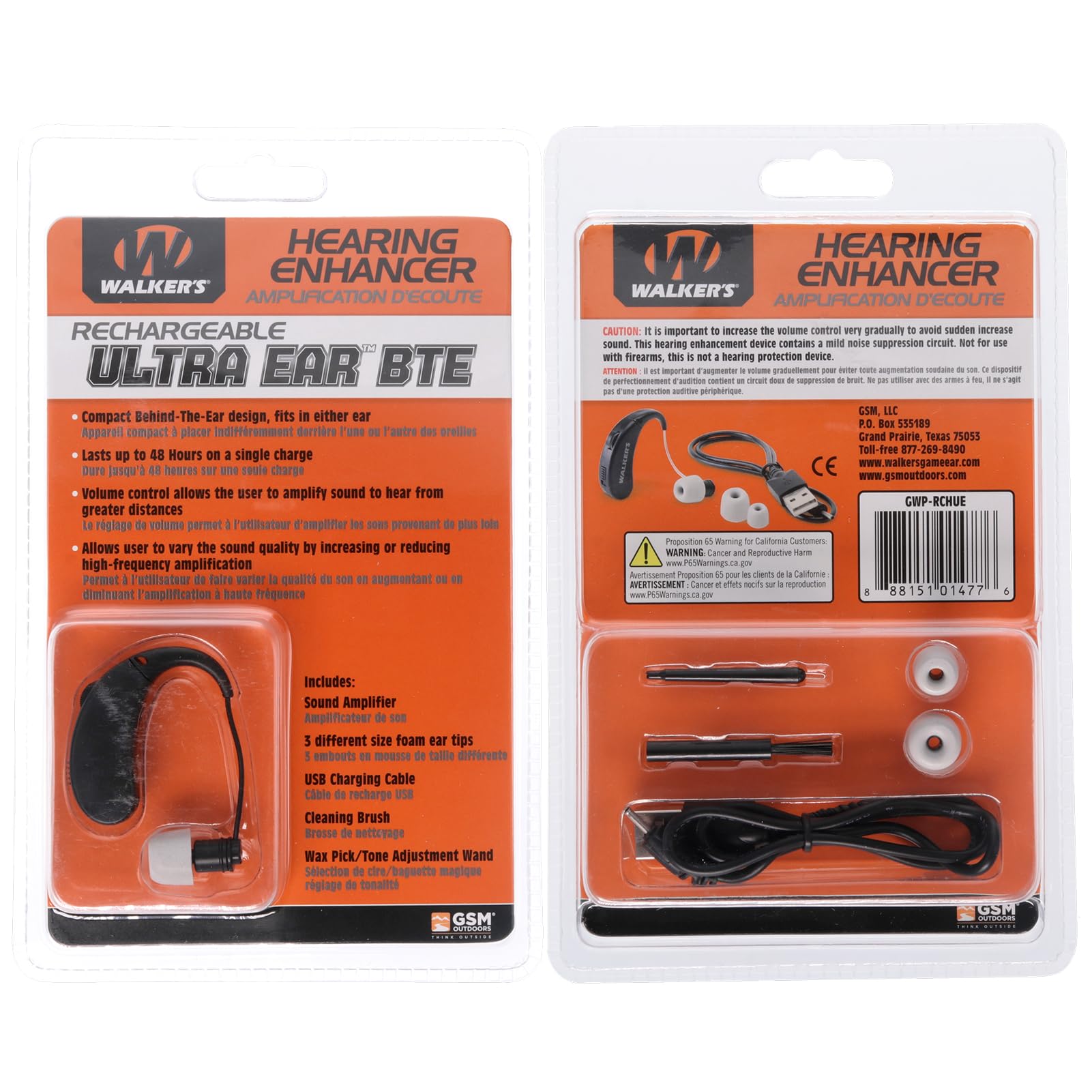 WALKER'S Rechargeable Ultra Ear BTE Compact Adjustable 22dB Noise Reduction Hunting Outdoor Sound Amplifier Hearing Enhancer | Ear Tips, USB Charging Cable, Cleaning Brush - Single