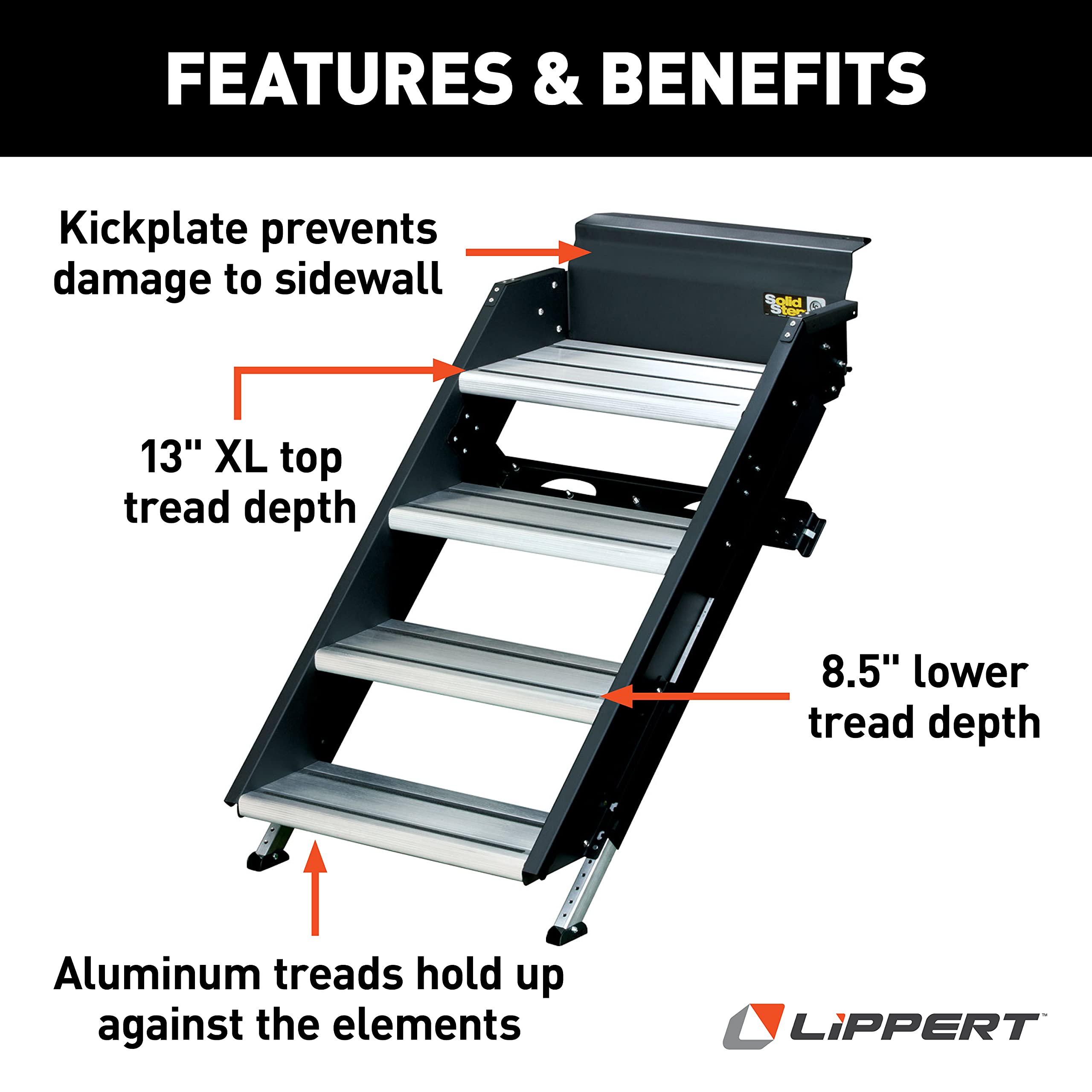 Solid Step Lippert 26" Quad Manual RV Step Assembly, 8" Rise, Aluminum and Steel, Anti-Slip Steps, Adjustable Legs, No Bounce, Travel Trailers, 5th Wheels, Campers - 791574