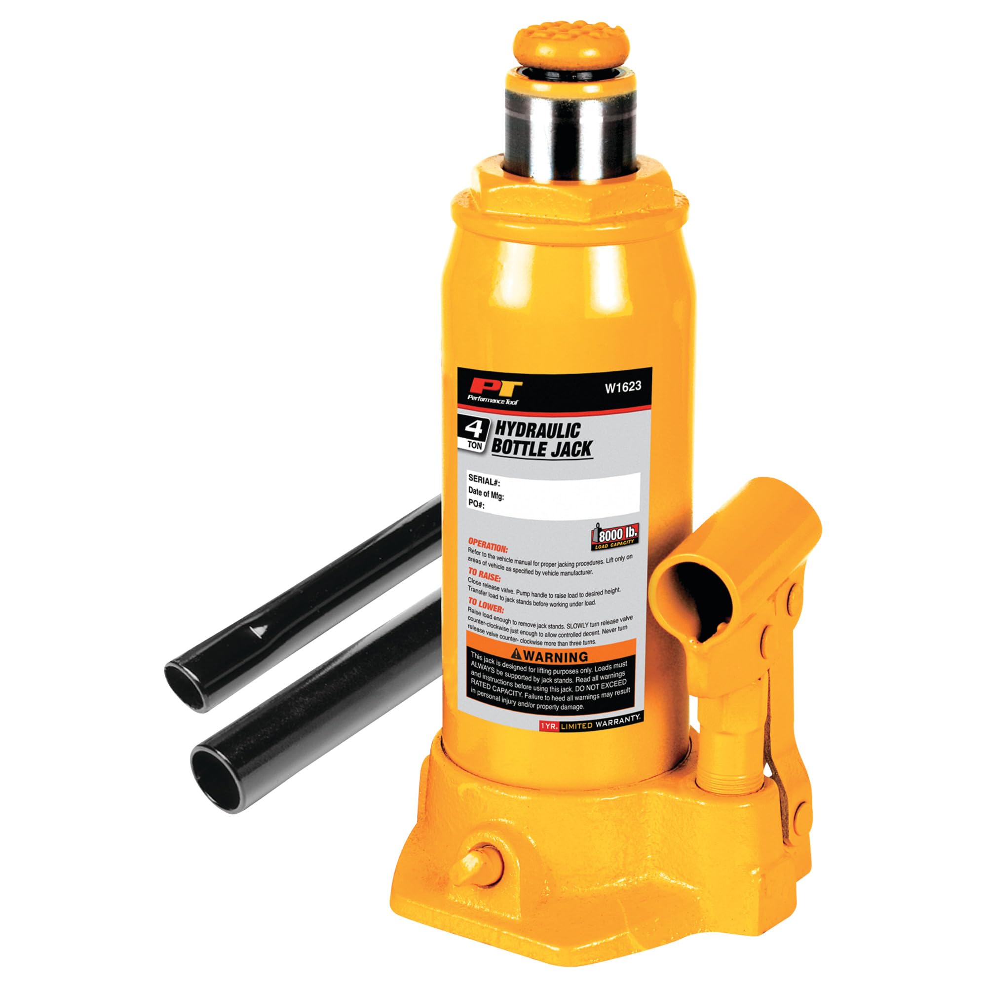 4-Ton Performance Tool W1623 Heavy Duty Hydraulic Bottle Jack (8,000 lbs.)