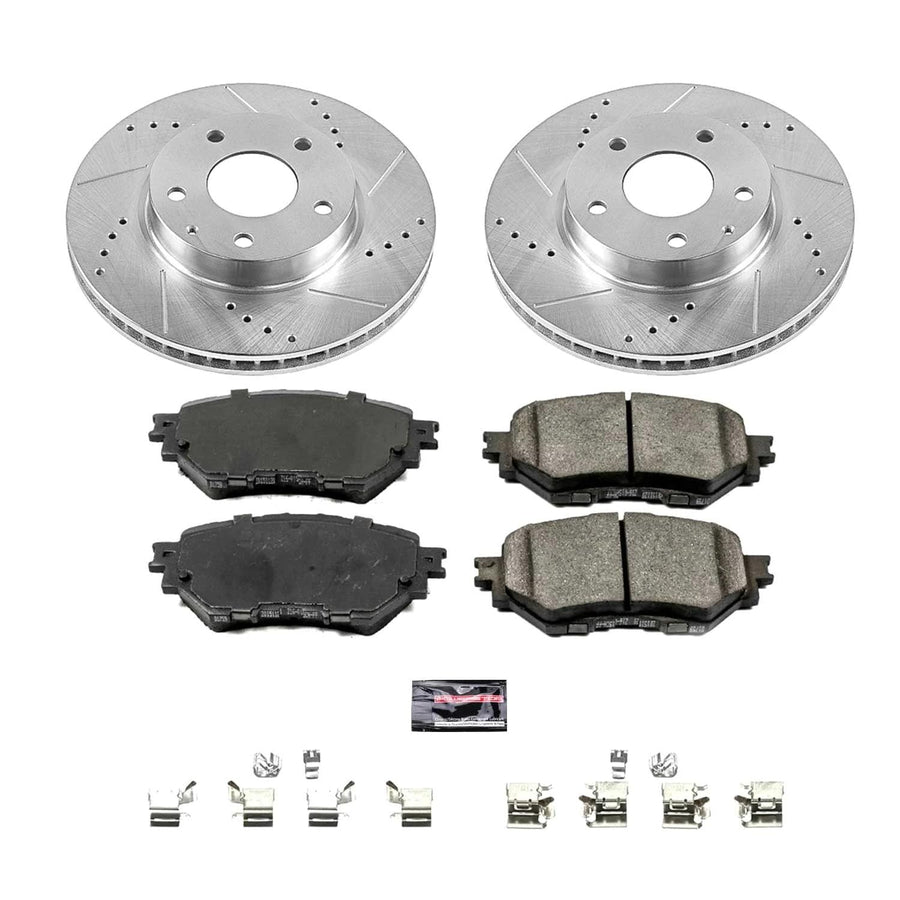 Power Stop K6975 Z23 Carbon Fiber Brake Pads with Drilled & Slotted Brake Rotors Kit For Mazda 3 2014-2016 [Model Specific]