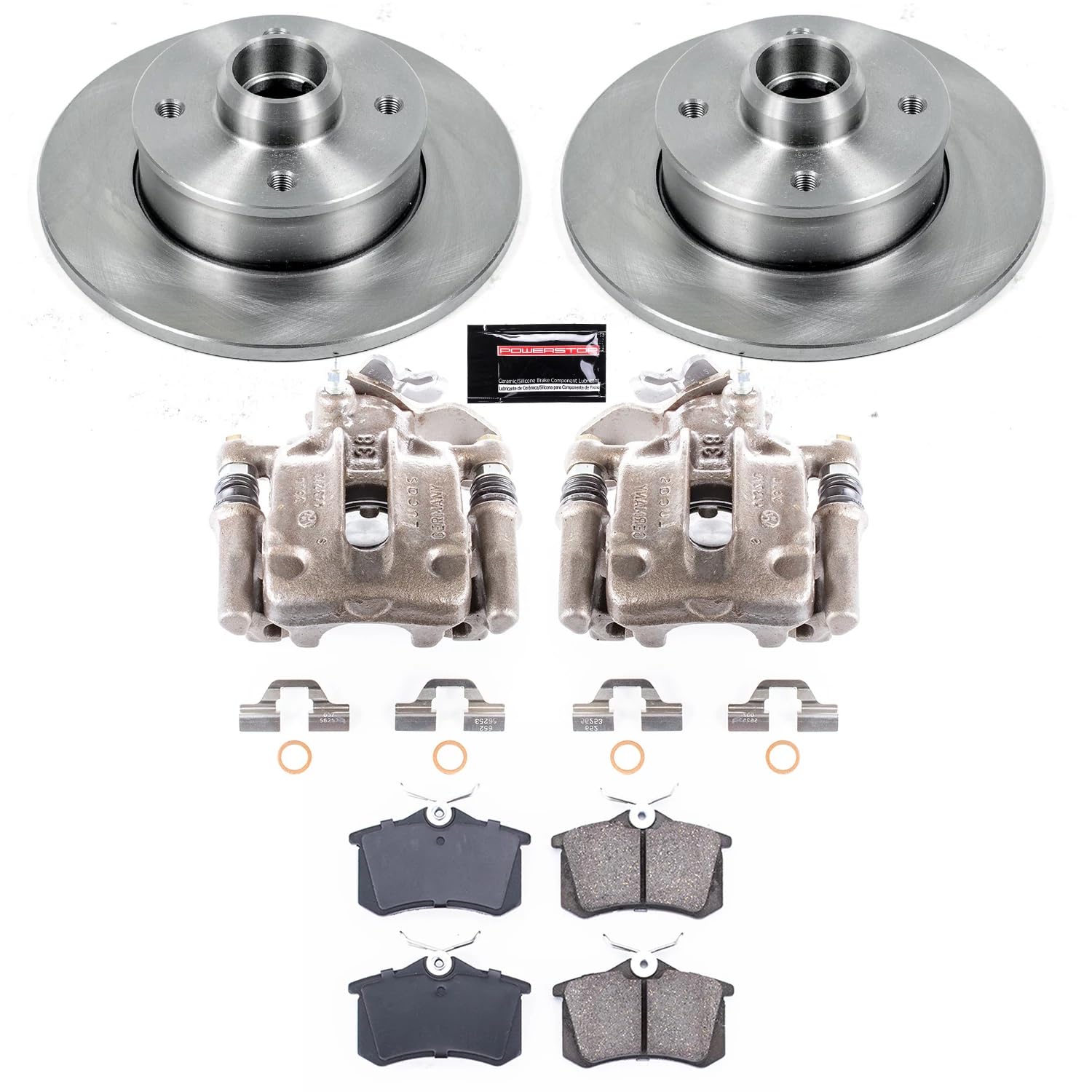 Power Stop KCOE369A Rear Stock Replacement Caliper Kit- OE Rotors, Ceramic Brake Pads, Calipers For VW Golf, VW Golf, VW Je, VW Jetta, VW Passat [Model Specific]