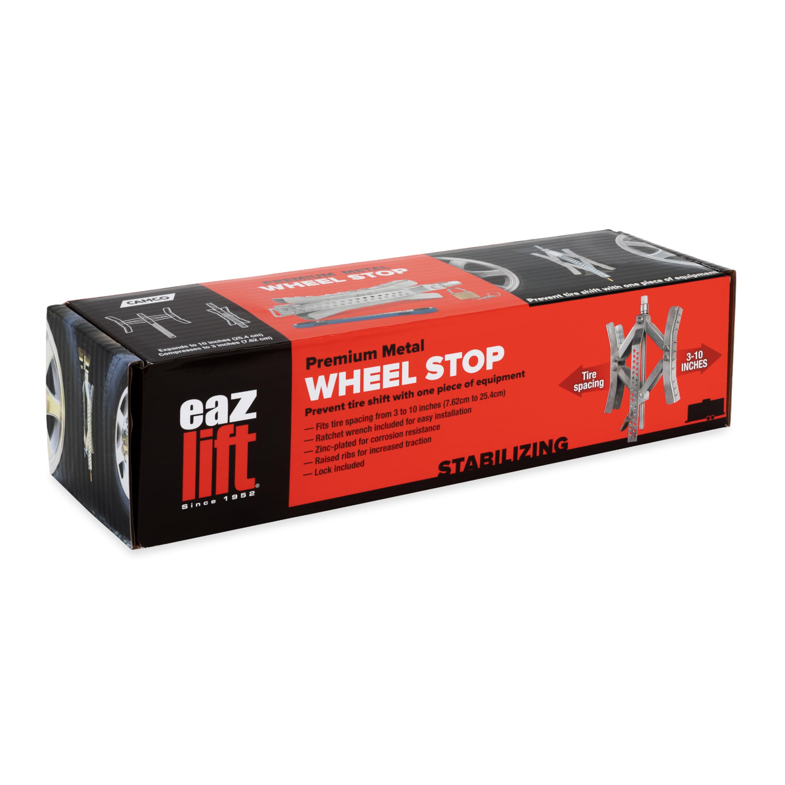 Camco Eaz-Lift Heavy Duty Wheel Stop with Ratchet Wrench- Stabilizes Your Truck by Securing Tires Tandem to Prevent Movement Spaced 3-10" Apart- Large (44662)