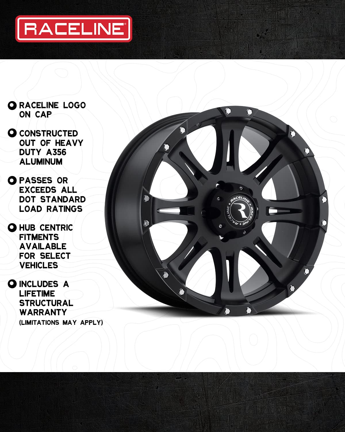 17X9"5X127 Raceline Wheels RAPTOR Wheel Black 0mm Offset/(5"B/S) 8 Spoke Aluminum Passenger Car Wheels, Full Size Replacement Black Car Rims