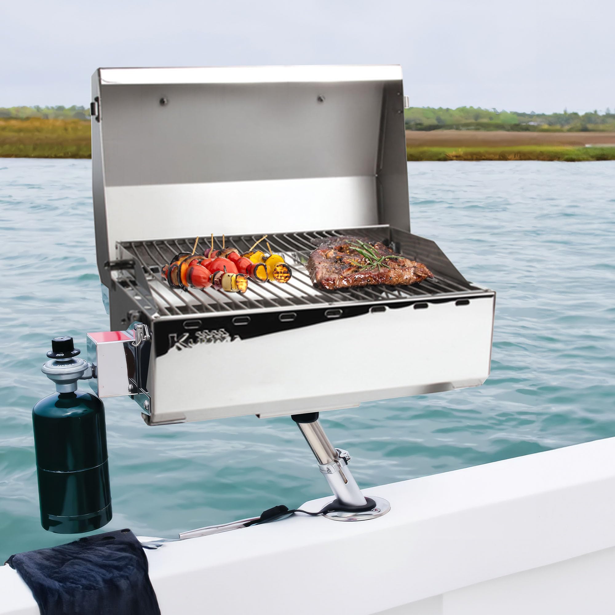 Camco Premium Kuuma Stainless Steel Mountable Gas Grill w/Regulator -Compact Portable Size Perfect for Boats, Tailgating and More - Stow N Go 125" (58140)