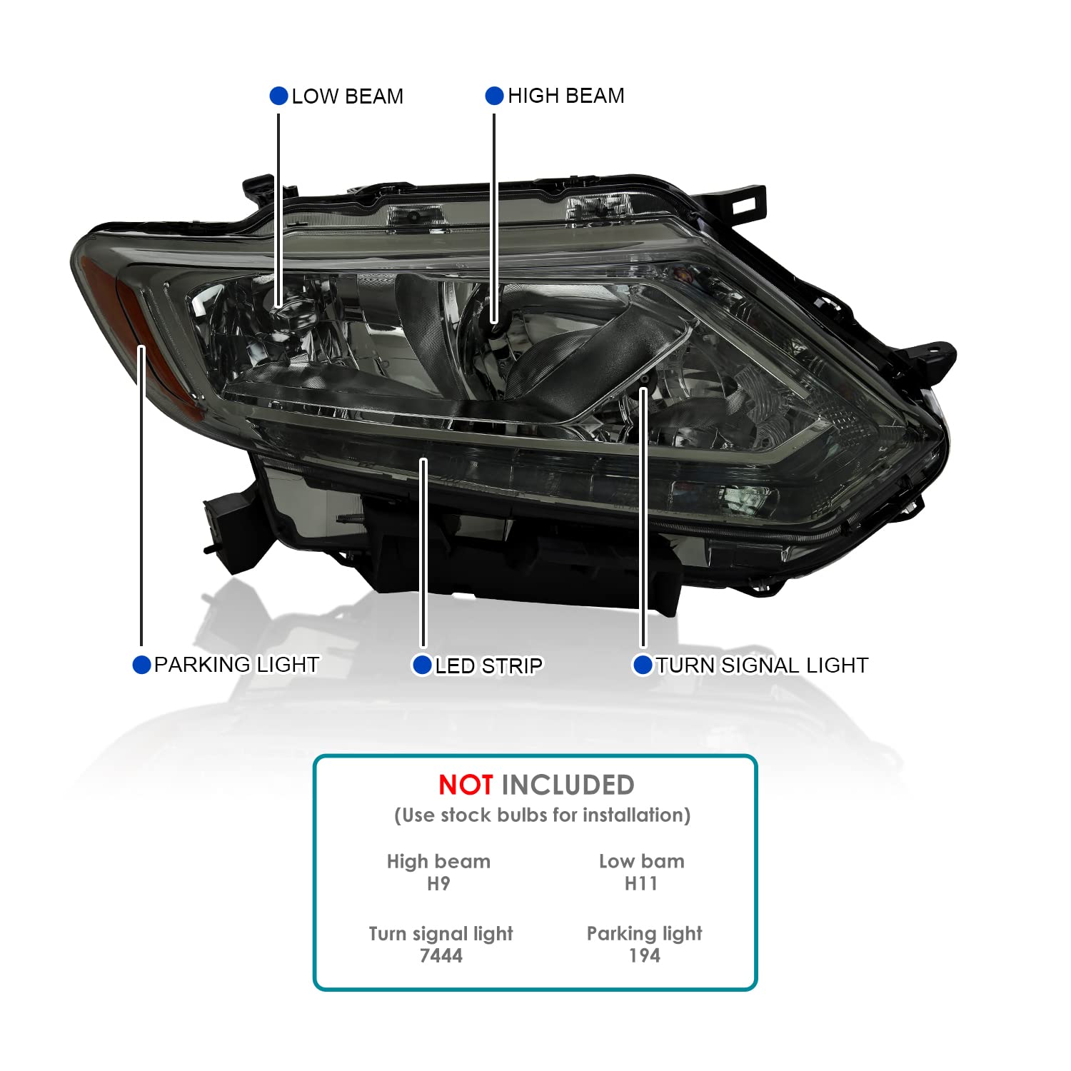 Smoke Headlights w/LED Strip SPEC-D TUNING Compatible with 2014-2016 Nissan Rogue, Left + Right Pair Headlamp Assembly