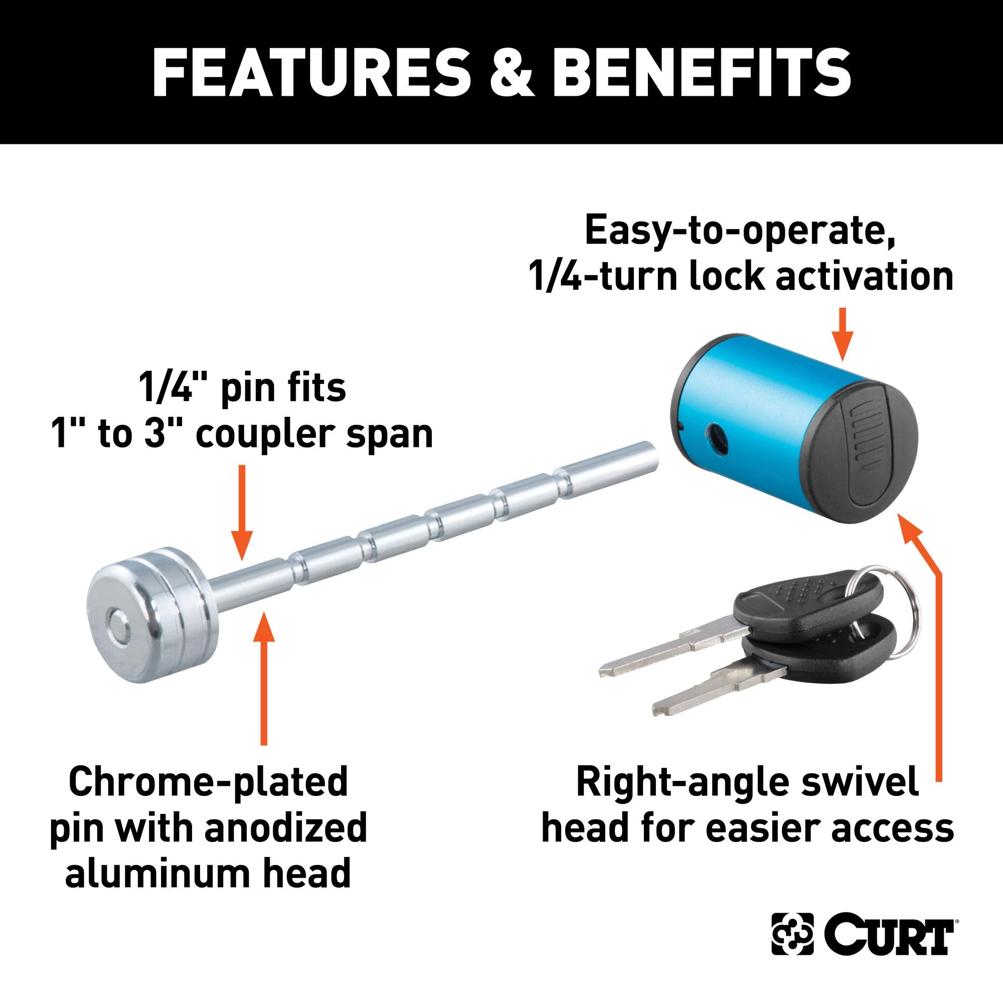 CURT Right-Angle Trailer Coupler Lock, 1/4-Inch Pin Diameter, Up to 3-Inch Span, BLUE ANODIZED ALUMINUM
