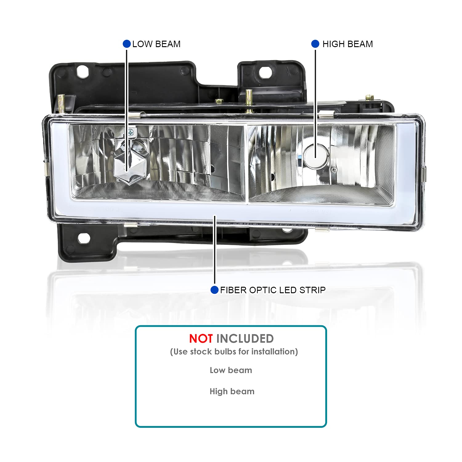 Chrome Headlights SPEC-D TUNING w/LED Light Bar Compatible with 1988-1998 Chevy GMC C10 C/K 1500 2500 3500, Suburban, Tahoe, Silverado, Sierra, L+R Pair Head Light Lamp Assembly