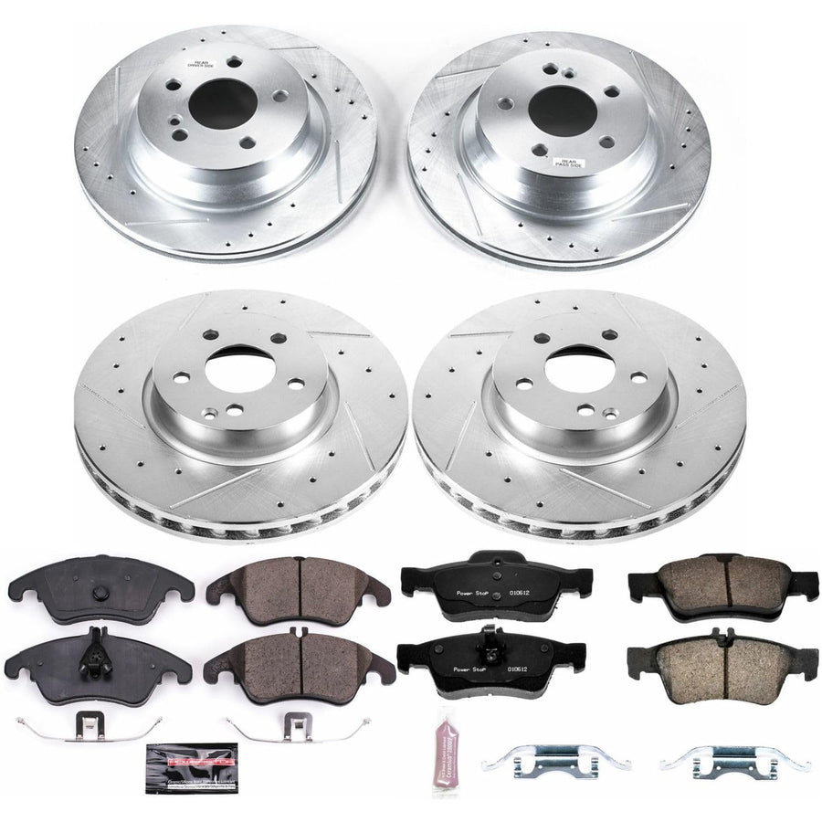 Power Stop K7616 Z23 Carbon Fiber Brake Pads Front and Rear with Drilled & Slotted Brake Rotors Kit and 1 Front & 1 Rear Sensor Wires For Mercedes-Benz E350, Mercedes-Benz E400 [Model Specific]