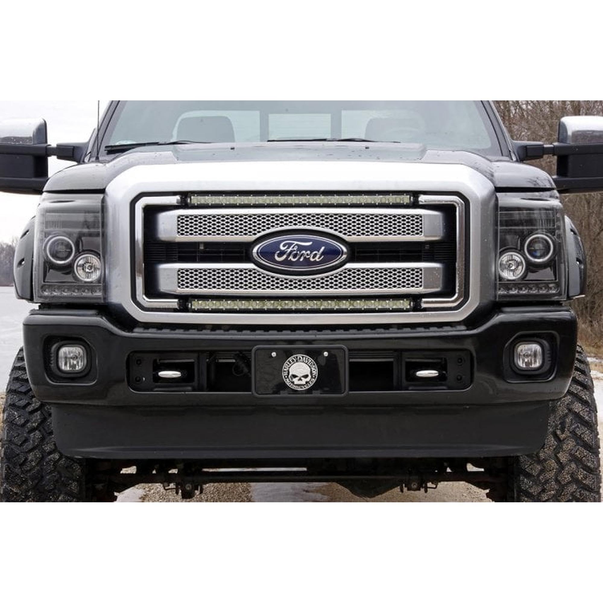 30" Rough Country Curved Dual Row LED Light Bar with Mesh Grille Mount Kit 30" for Ford F-250/F-350 Super Duty (2011-2016) - 30-in Black Series 300w LED Bar, White DRL