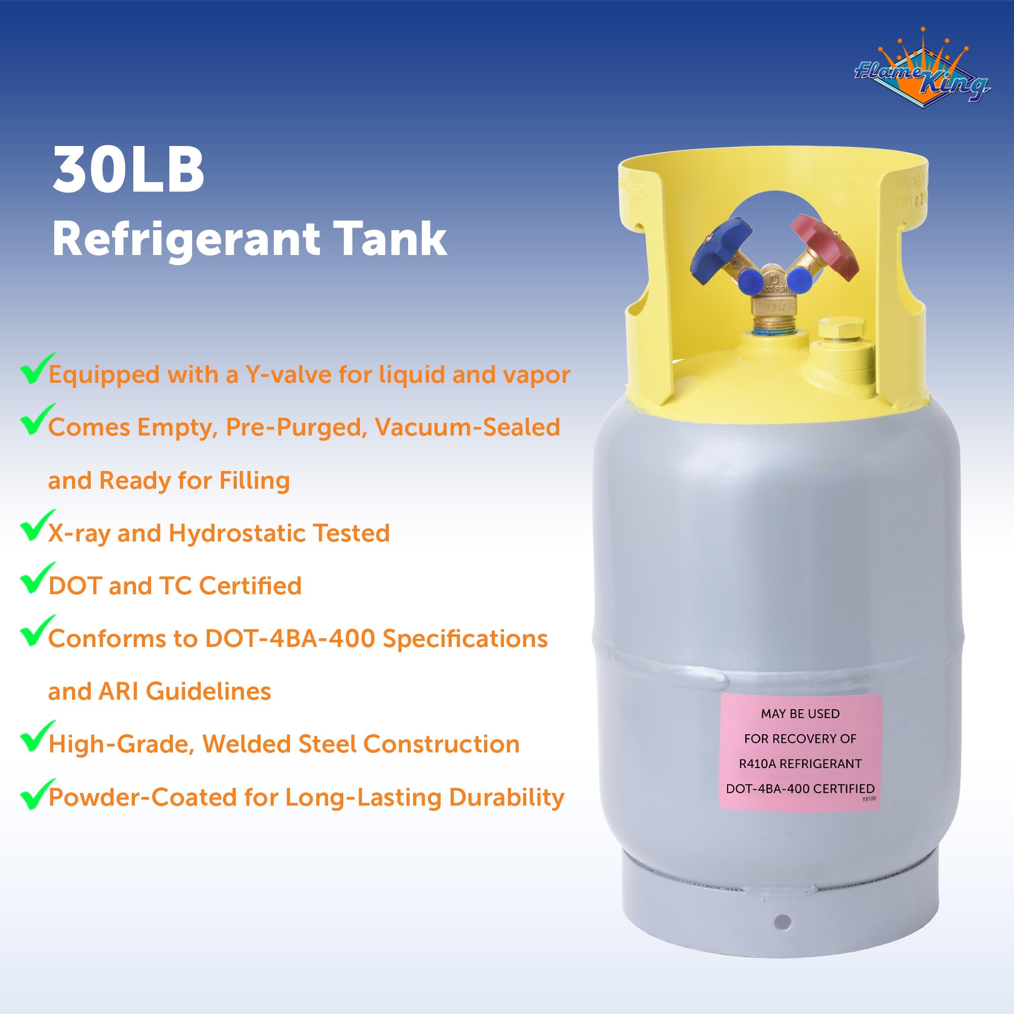 30-LB Pound Flame King Refrigerant Recovery Cylinder Tank, Y-Valve for Liquid/Vapor, Reusable - DOT Compliant - Gray