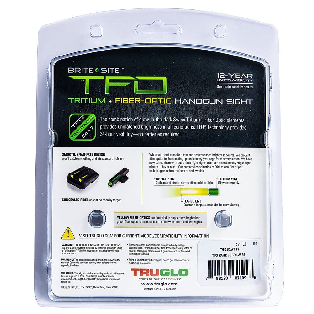 TFO TRUGLO Tritium & Fiber-Optic Handgun Sight | Durable Snag-Resistant Glowing Night Sight, Green Front Sight & Yellow Rear Sight Compatible with Kahr Arms Handguns