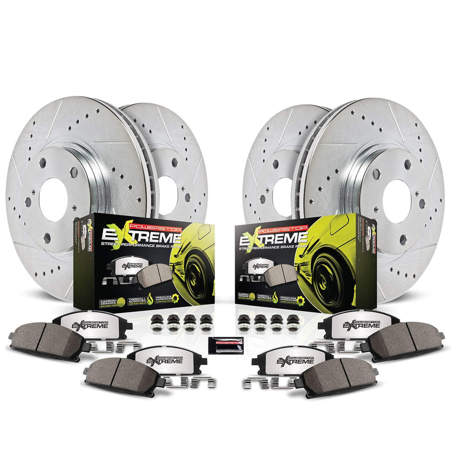 Power Stop K7436-26 Z26 Carbon Fiber Brake Pads Front and Rear with Drilled & Slotted Brake Rotors Kit and 1 Front & 1 Rear Sensor Wires