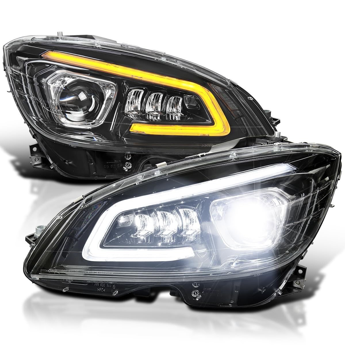 Full LED Projector Headlights SPEC-D TUNING w/Sequential Turn Signal Compatible with 2008-2011 Mercedes Benz W204 C-Class, Left + Right Pair Headlamps Assembly