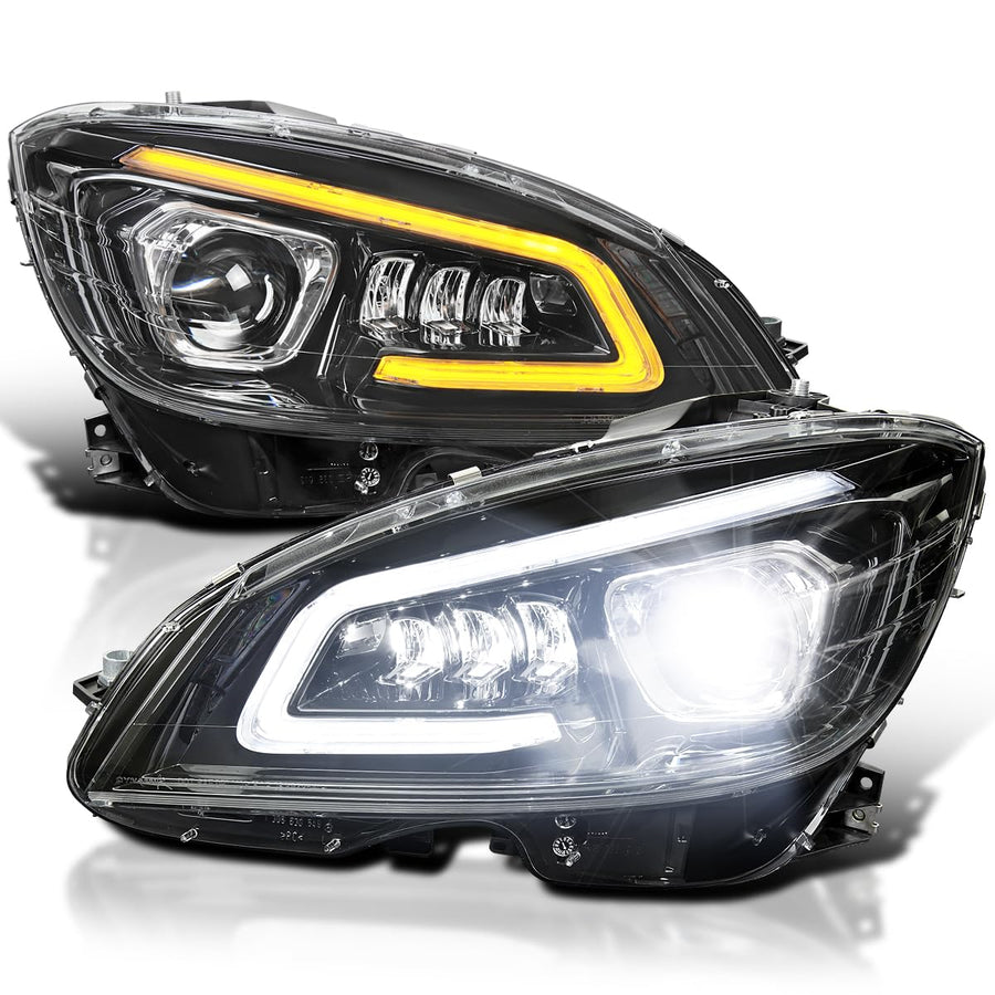 Full LED Projector Headlights SPEC-D TUNING w/Sequential Turn Signal Compatible with 2008-2011 Mercedes Benz W204 C-Class, Left + Right Pair Headlamps Assembly