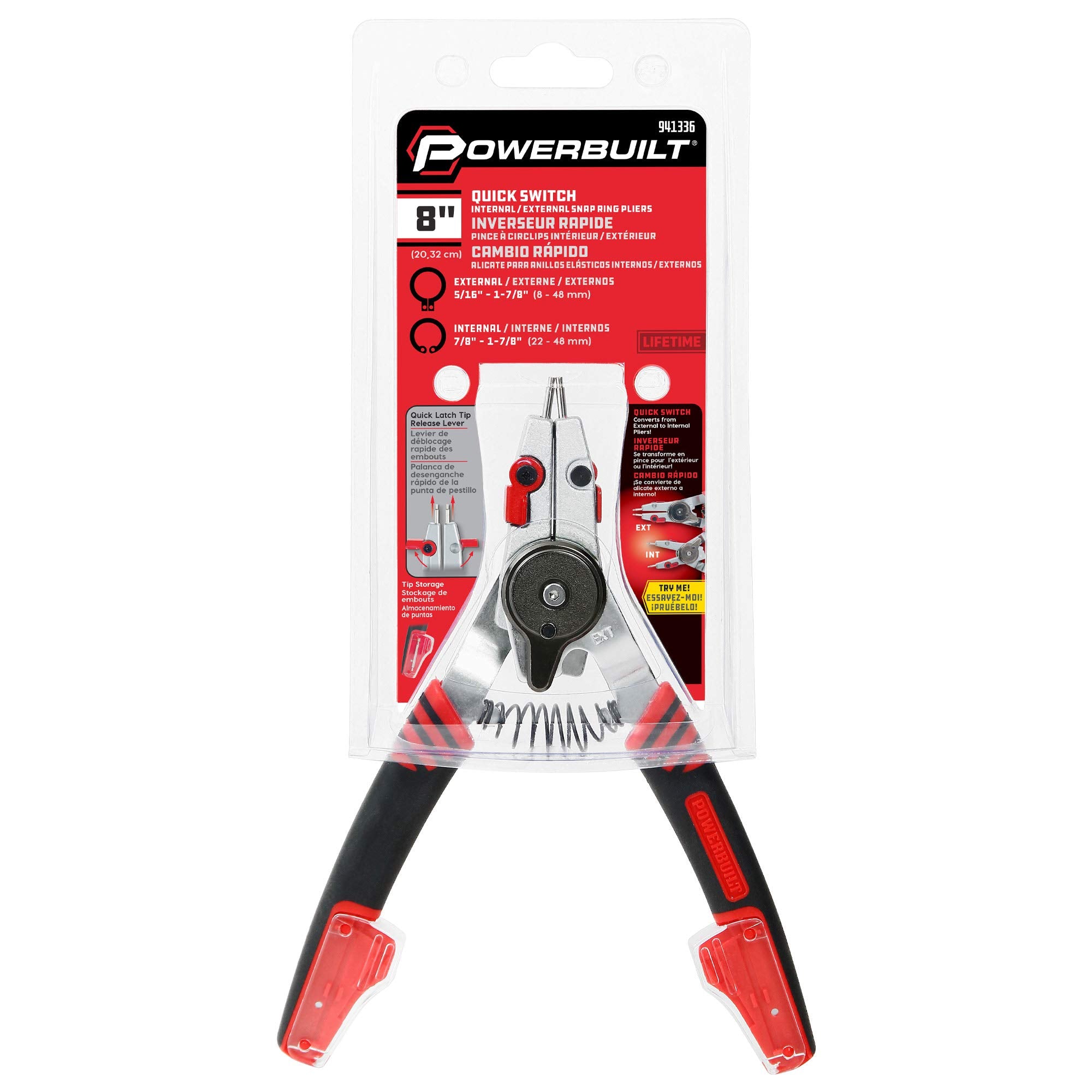 Powerbuilt Snap Ring Pliers with Internal External Combination Switch, Reversible, Remove and Install, Spring Loaded, Tips Included - Red 941336