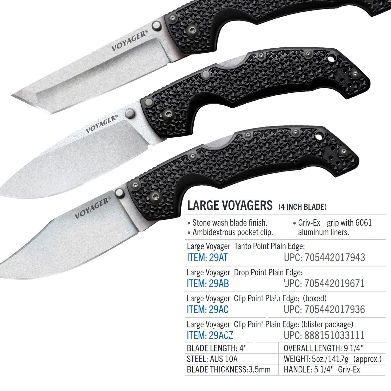Cold Steel Large Voyager 4" AUS10A Clip Point Razor-Sharp Blade 5.25" Griv-Ex Handle Everyday Carry Tactical Folding Knife, Boxed