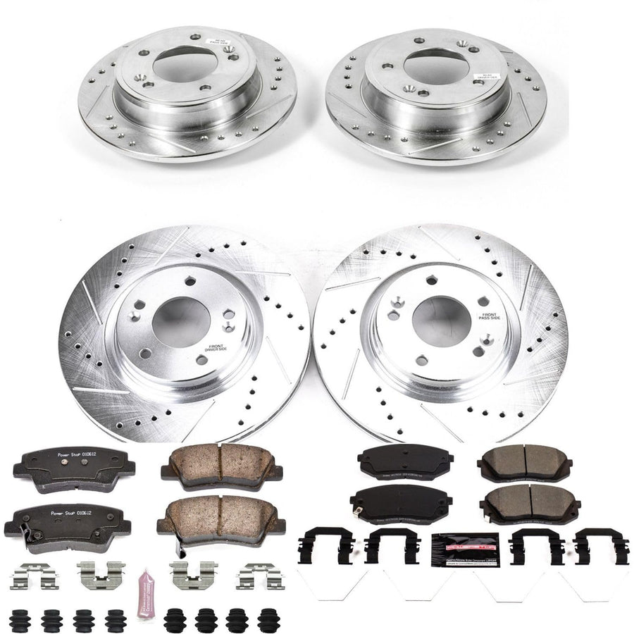 Power Stop K8012 Z23 Carbon Fiber Brake Pads Front and Rear with Drilled & Slotted Brake Rotors Kit For Kia Soul 2017-2019 [Model Specific]
