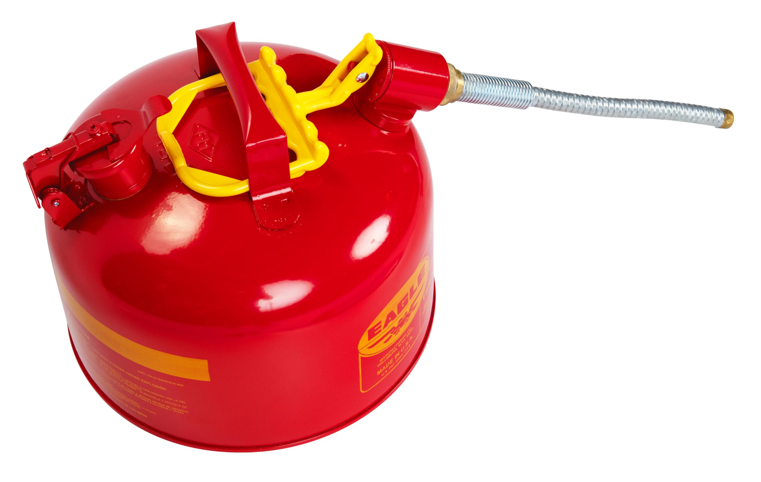 Eagle 2.5 Gallon Red Type II Safety Gas Can for Gasoline with Flame Arrester, Self-Closing Lid, and 12" x 5/8" Flexible Metal Hose, Made in the USA, Galvanized Steel Flammable Storage Can, U226SX5