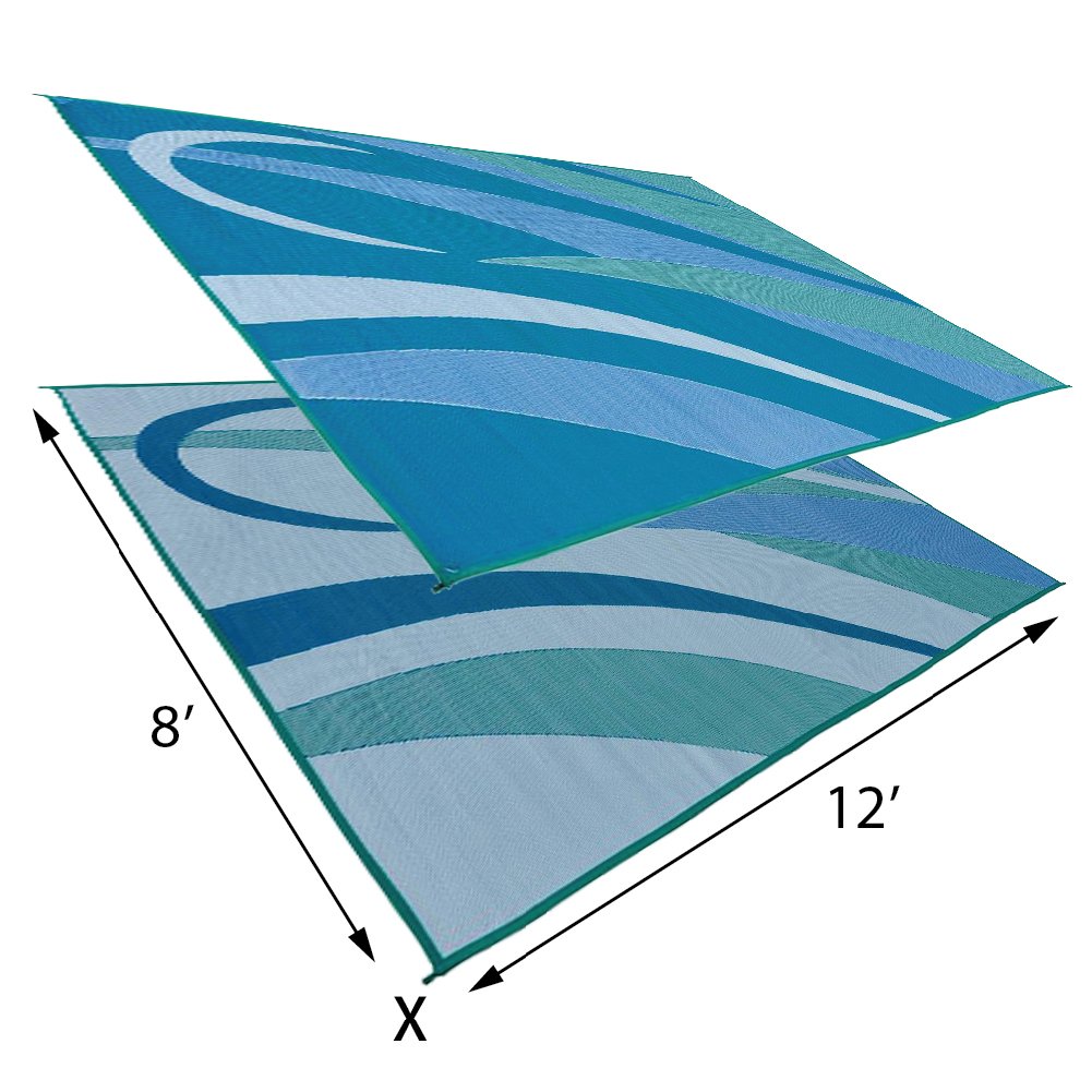 8-Feet x 12-Feet Stylish Camping RV Outdoor Camping Reversible Patio Mat, GA3 Blue/Green