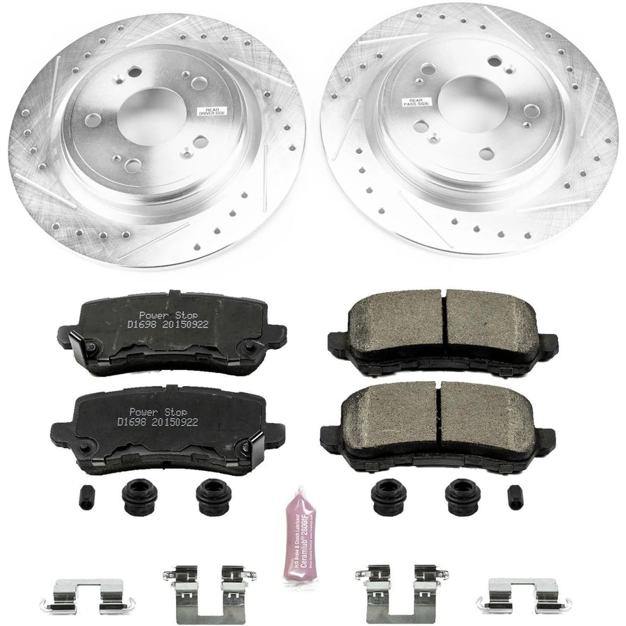 Rear Power Stop K6952 Z23 Carbon Fiber Brake Pads with Drilled & Slotted Brake Rotors Kit For Acura RLX 2014-2020 [Model Specific]