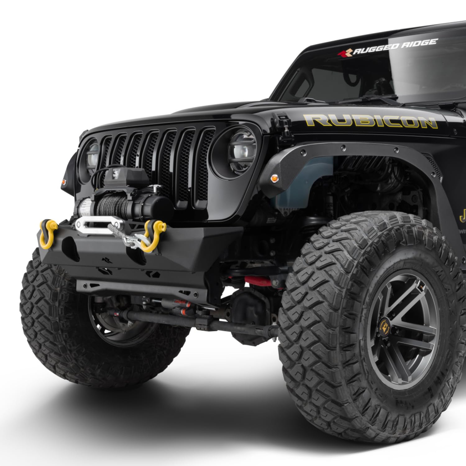 Front Rugged Ridge HD Bumper for Jeep Wrangler/Gladiator | Stubby, Steel, Black | 11540.32 | Fits 2018-2025 Jeep Wrangler JL; 2020-2025 Jeep Gladiator JT