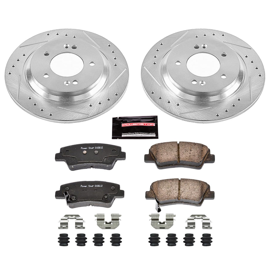 Power Stop K7524 Rear Brake Pads Z23 Carbon Fiber with Drilled & Slotted Brake Rotors Kit For Hyundai Elantra, Hyundai Ioniq, Hyundai Sonata, Kia Niro, Kia Optima, Kia Soul EV [Model Specific]