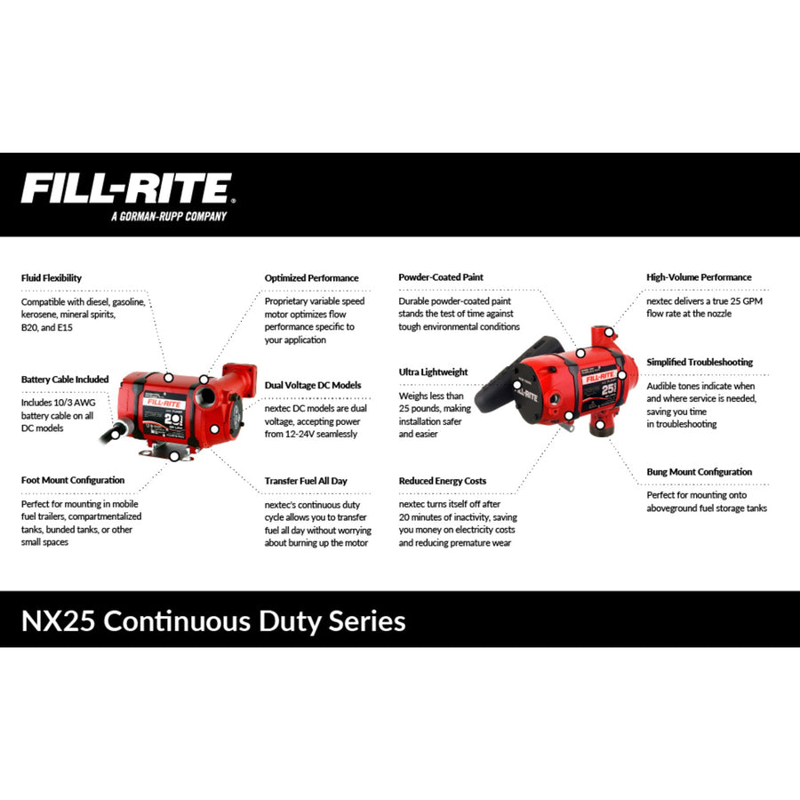 Fill-Rite 25 GPM Fuel Transfer Pump with Nozzle - Energy-Efficient 12/24V DC Fuel Transfer Pump for non stop Operation - Red - NX25-DDCNB-AA